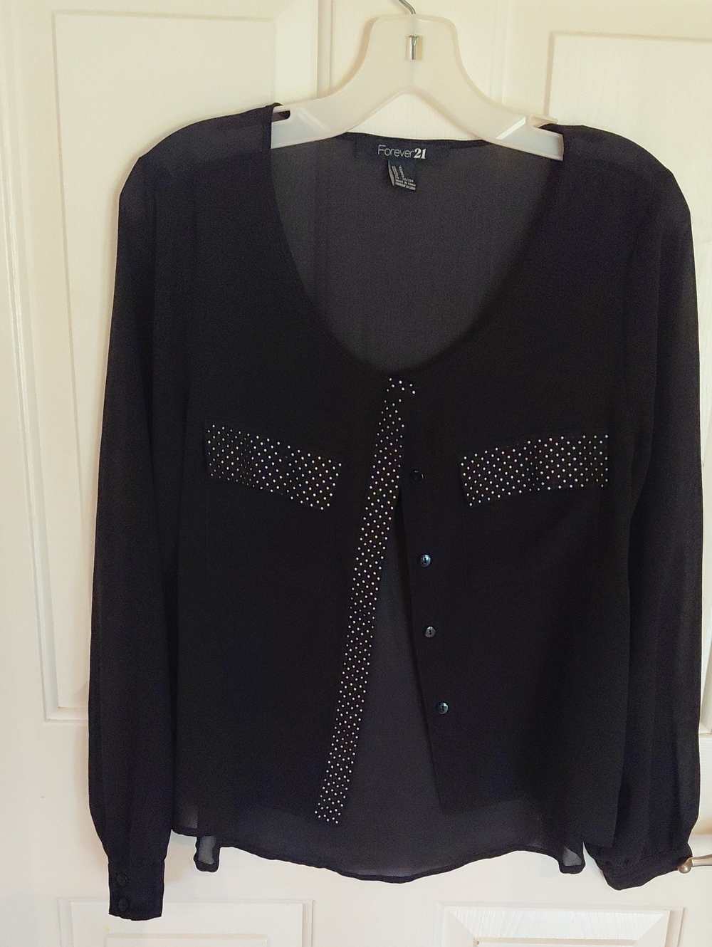 Forever 21 Black Sheer Button-Front Blouse with Studded Accents